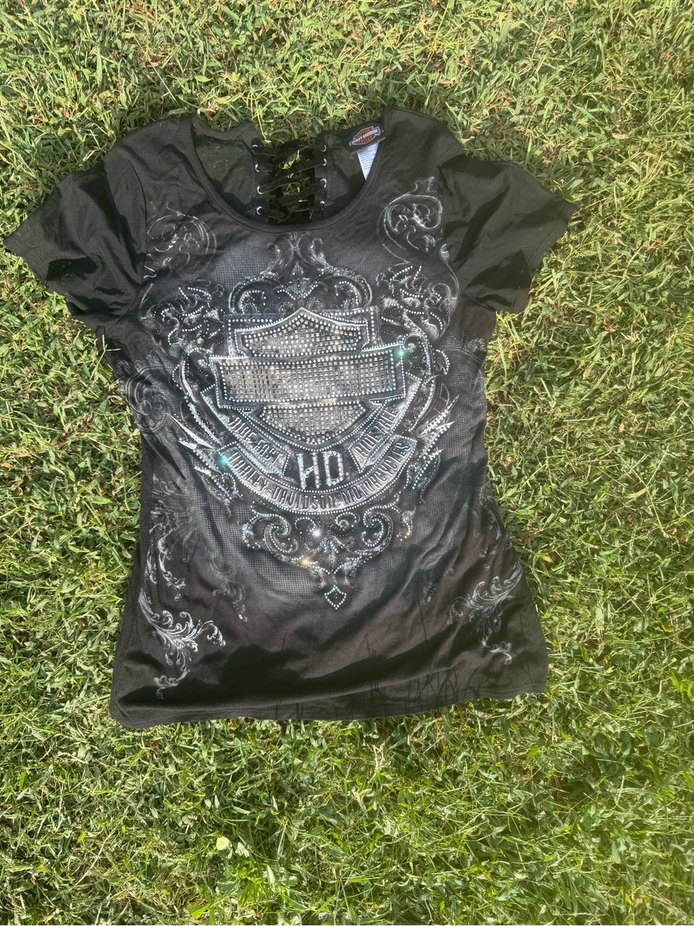 Harley-Davidson Black Short-Sleeve Tee with Lace-Up Neck and Rhinestone Crest